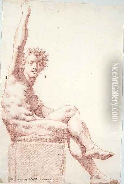 A seated nude wearing a crown of oak leaves, his right arm raised Oil Painting - Cesare Dandini