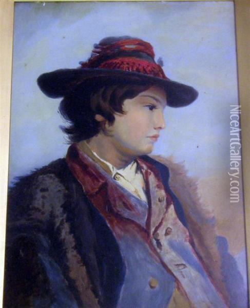Bust-length Profile Portrait Ofa Young Man Wearing A Hat And Fur Trimmed Coat Oil Painting - Robert Clarkson