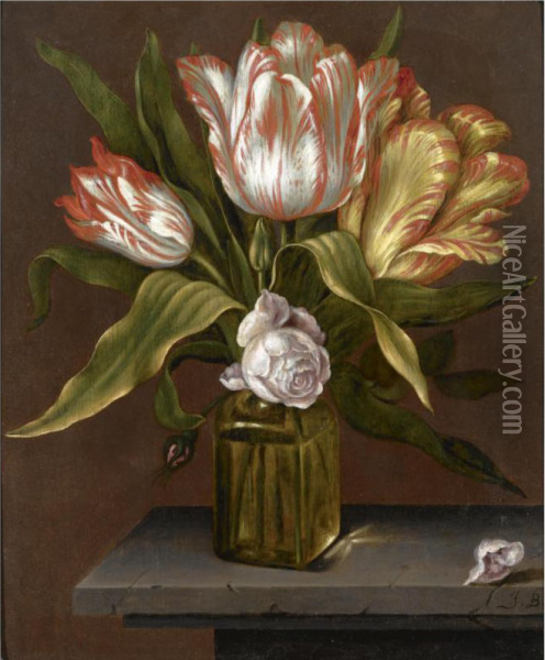 A Still Life With Tulips And Roses In A Glass Vase, On A Stone Ledge Oil Painting - Johannes Baers
