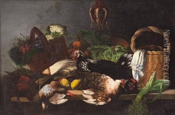 A Still Life With Baskets, Fruit, Vegetables And Chickens On A Table Oil Painting - Michel Honore Bounieu
