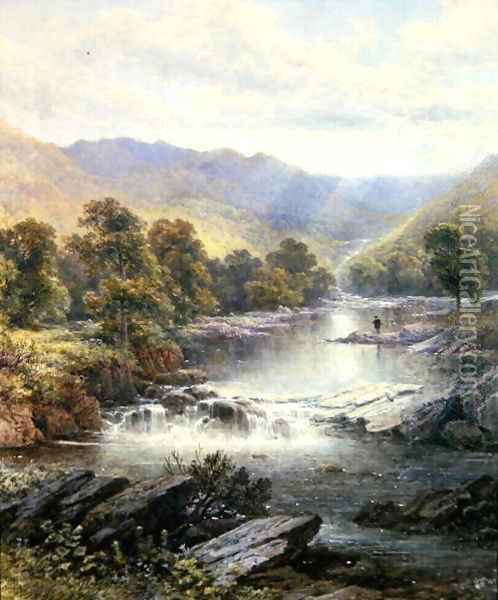 An Angler in a River Valley Oil Painting - Alfred Glendening