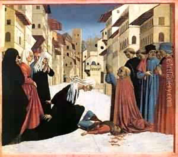 St Zenobius Performs A Miracle (Predella) 4 1445 Oil Painting - Domenico Di Michelino