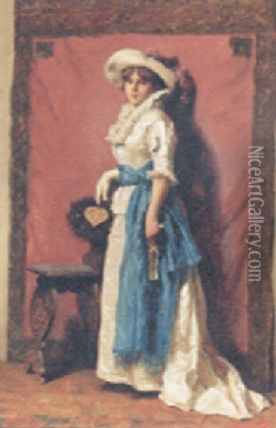 Portrait Of A Lady In A White Dress, Blue Sash And Holding A Fan Oil Painting - Giuseppe Guzzardi