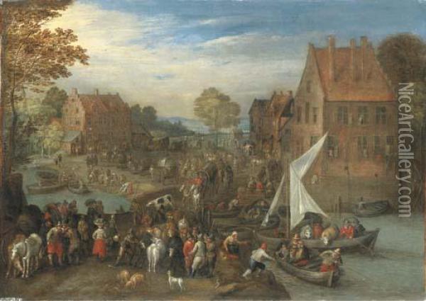A Crowded Village Landscape With Wagons On A Path And Ferries Crossing A River Oil Painting - Joseph van Bredael