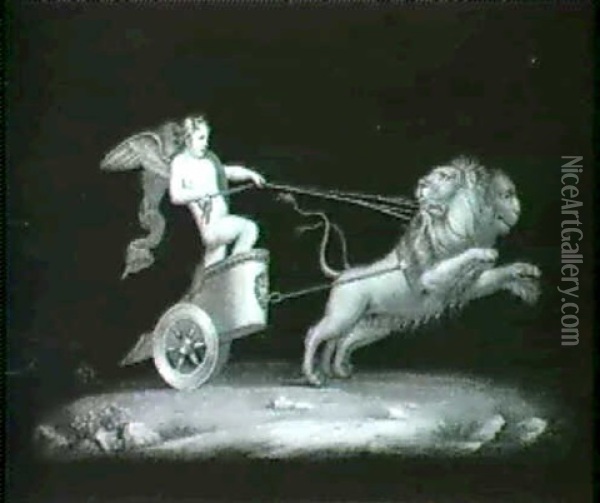 An Amorino In A Chariot, Drawn By Lions; And An Amorino     In A Chariot, Drawn By Goats. A Pair (2) Oil Painting - Michelangelo Maestri