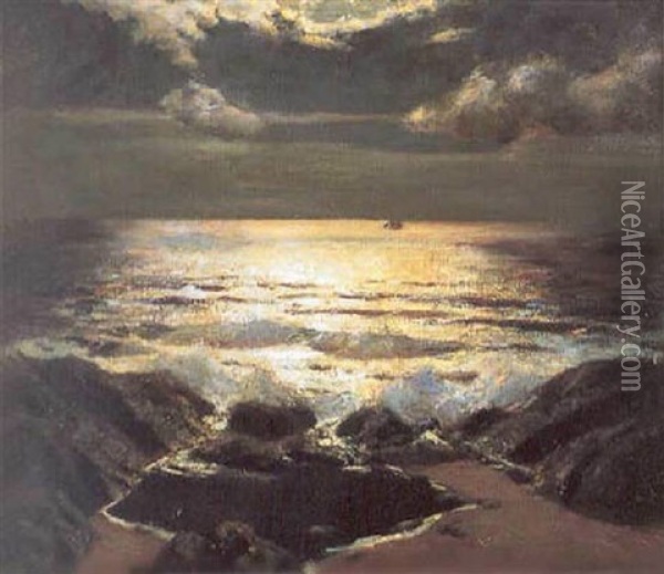 The Pool, Moonlight Oil Painting - Julius Olsson
