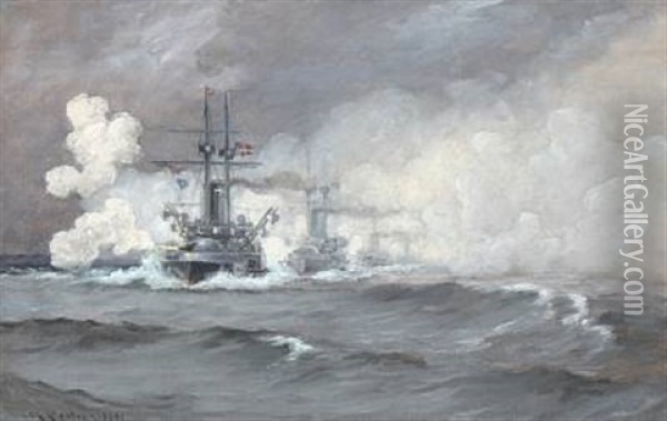 Navy Warships In Convoy Oil Painting - Carl Ludvig Thilson Locher