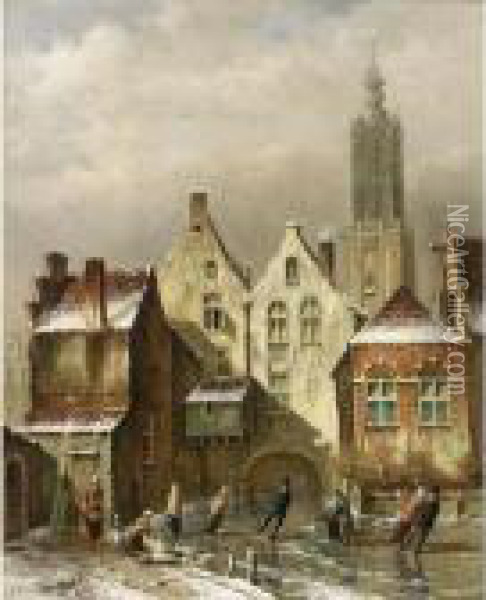 A View Of A Dutch Town With Skaters On A Frozen Canal Oil Painting - Oene Romkes De Jongh