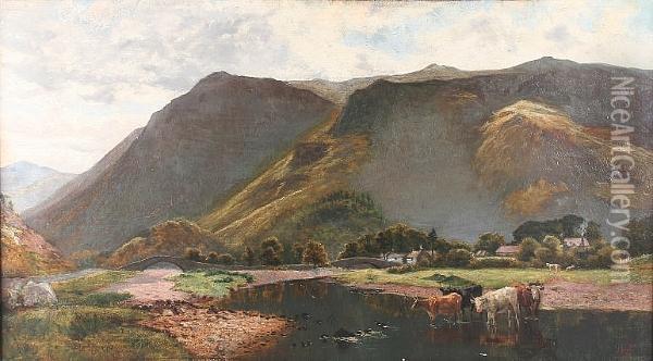 'grange, Borrowdale', With Cattle Watering Oil Painting - Walter H.W. Foster