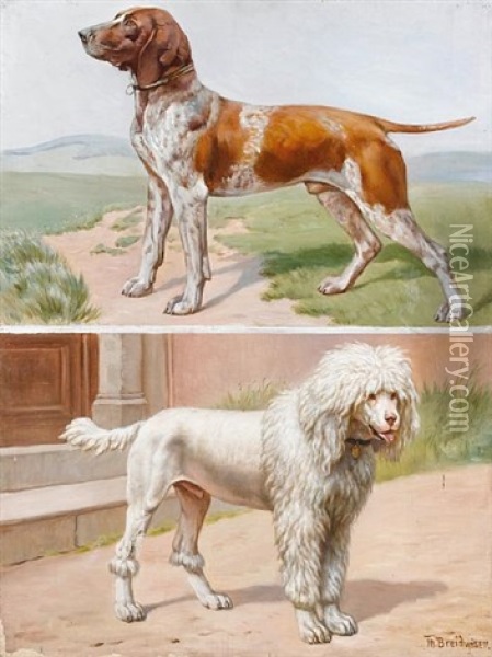 A German Pointer In A Landscape (+ A Standard Poodle By A Doorway; 2 Works) Oil Painting - Theodor Breitwieser