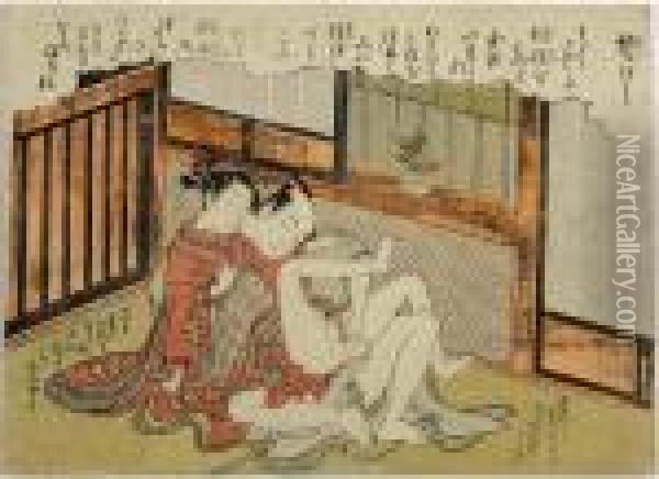 Encounter, Shunga Oil Painting - Isoda Koryusai