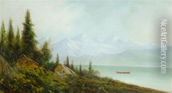 Sierra Nevada Mountains With Lake And Native Americans In A Canoe Oil Painting - William Weaver Armstrong