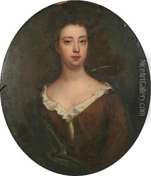 Portrait Of A Lady, Half Length, Wearing Brown Dress Oil Painting - Sir Godfrey Kneller