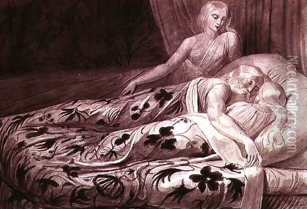 Har and Heva sleeping, with Mnetha looking on, one of twelve illustrations from 'Tiriel', c.1789 Oil Painting - William Blake