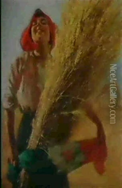 La Mietitrice Oil Painting - Mario Borgoni