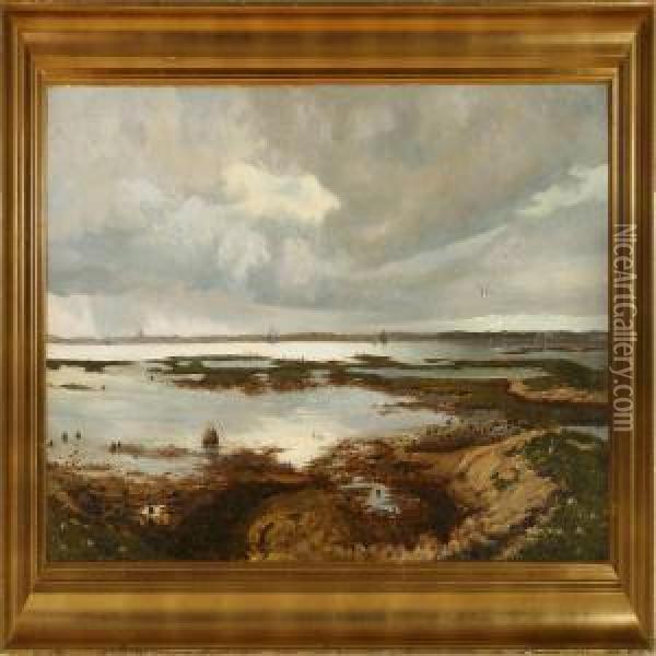 Coastal Scene At The Great Sound With Copenhagen In The Background Oil Painting - Holger Topp Pedersen