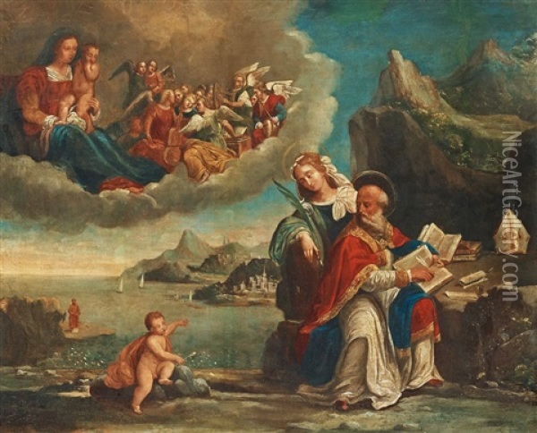 Saint Augustine With The Holy Family And Saint Catherine Of Alexandria (the Vision Of Saint Augustine) Oil Painting - Benvenuto Tisi da Garofalo
