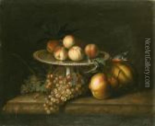 Peaches On A Silver Tazza, With Grapes, A Pear, A Melon And A Birdon A Marble Ledge Oil Painting - Tobias Stranover