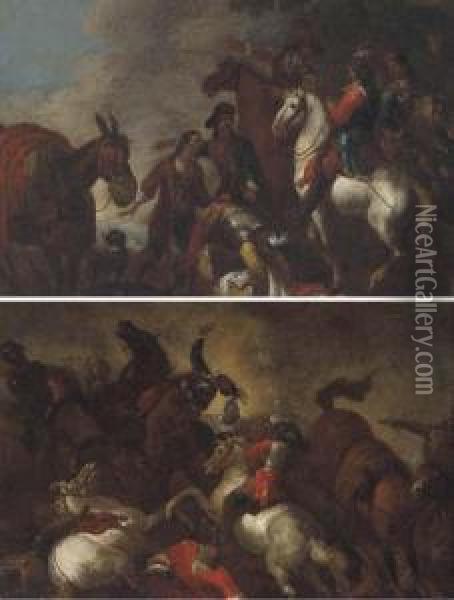A Cavalry Skirmish; And Cavalrymen After A Battle Oil Painting - Giovanni Tuccari