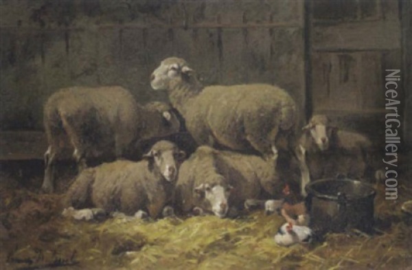 Schafe Und Huhner Im Stall Oil Painting - Frans De Beul