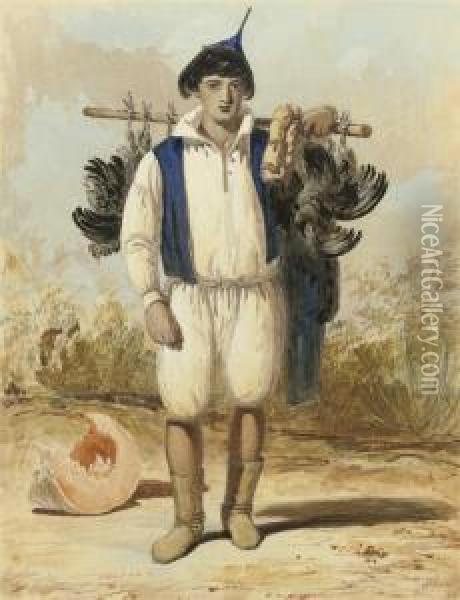 A Madeiran Boy In Native Dress With Black Chickens On A Wooden Poleslung Over His Left Shoulder Oil Painting - Andrew Picken