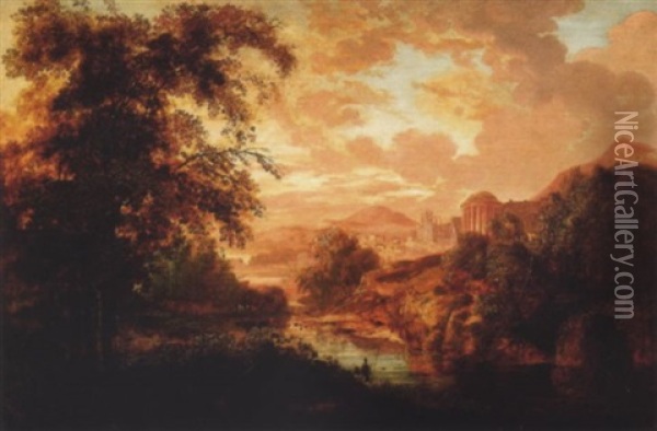 A Capriccio River Landscape With A Classical Town In The Distance At Sunset Oil Painting - William Sadler the Younger
