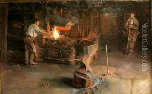 Blacksmiths Forge Oil Painting - John W. King