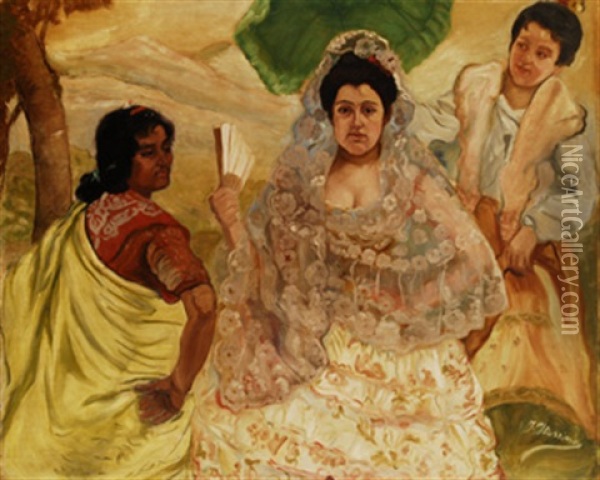 Manola, Gitana Y Criada Oil Painting - Francisco Gonzales de Itturrino