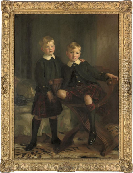 Double Portrait Of Alex And Denys Tulloch, Full-length, Intraditional Scottish Dress, In An Interior Oil Painting - Henry Harris Brown