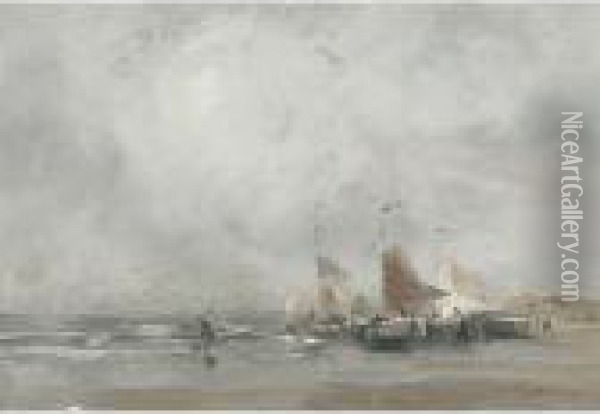 Fishing Boats And Shellfishers On A Breezy Day Oil Painting - Willem George Fred. Jansen