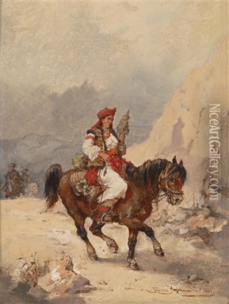 Montenegrische Reiterin Oil Painting - Tadeusz Rybkowski