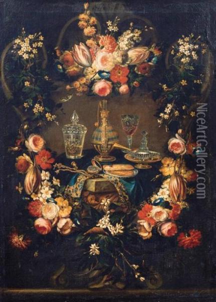 Couronne De Fleurs Autour D'une Table Ornee De Verreries Oil Painting - Christian Berentz