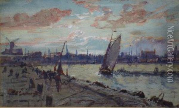 A Sea Port With Boats And Figures On A Quayside Oil Painting - Edwin Hayes
