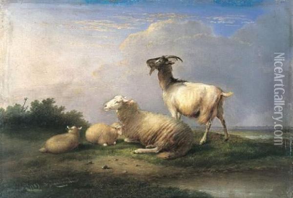 Schapen En Geit In Een Landschap (1889) Oil Painting - Franz van Severdonck