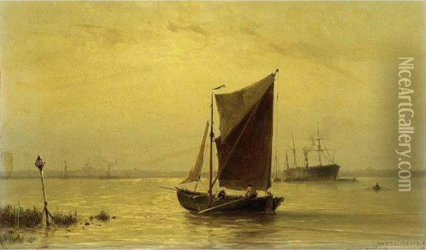 Shipping On The River Maas Near Rotterdam Oil Painting - Johannes Hermann Barend Koekkoek