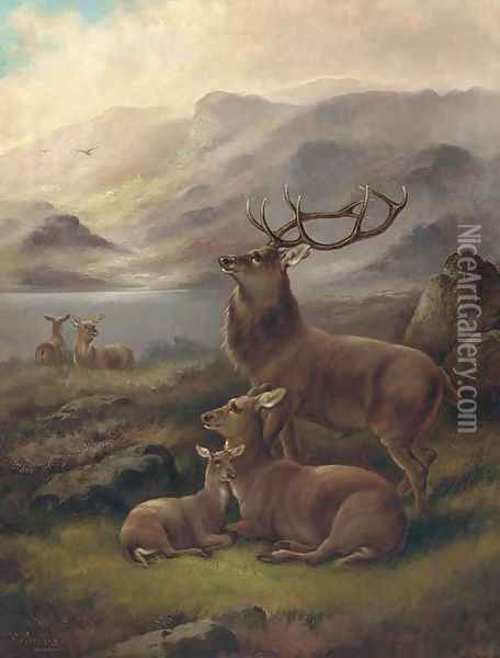 A stag with hinds by a loch 2 Oil Painting - Robert Cleminson