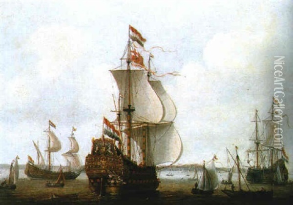The Royal Charles, Captured By Admiral De Ruyter From The River Medway On June 11th, 1667, Being Escorted By Dutch Warships In To The Maas Estuary Oil Painting - Willem van Diest