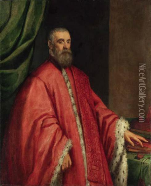Portrait Of A Venetian Senator, 
Three-quarter-length, In Anermine-lined Robe, Beside A Table Oil Painting - Jacopo Robusti, II Tintoretto