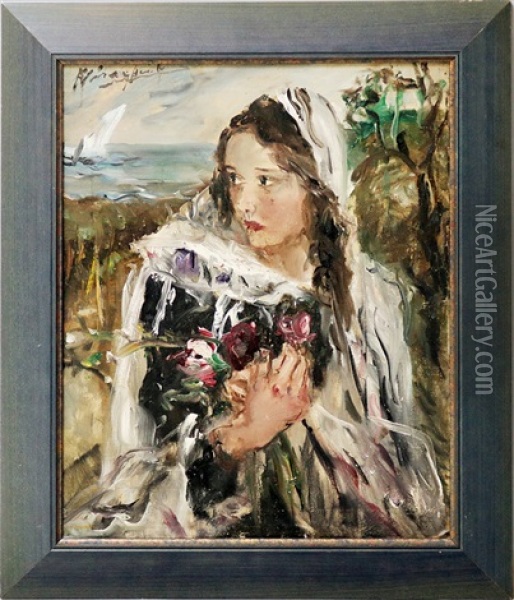 Impressionistische Darstellung Eines Madchens Mit Blumenstraus In Landschaft Oil Painting - Aurel Naray