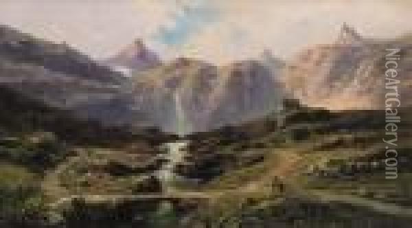 Paesaggio Montano Con Rifugio Alpino E Figure Oil Painting - Eugenio Amus
