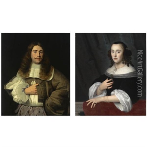 A Portrait Of Andries Rijckaert, Wearing A Brown Coat With A White Lace Collar And Purple Ribbons ( + A Portrait Of His Sister Susanna Rijckaert, Wearing A Black Dress With A White Lace Collar And Whi Oil Painting - Isaac Luttichuys