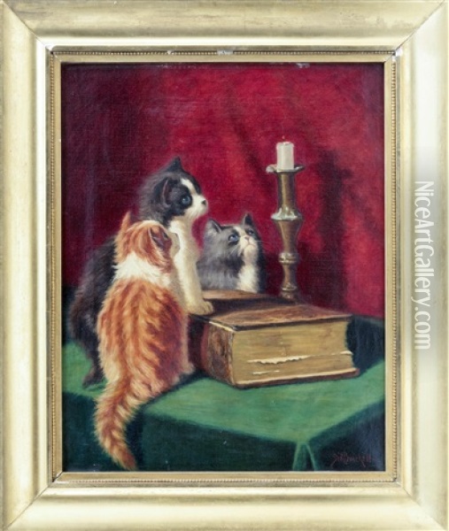 Kittens Eyeing A Burning Candle Oil Painting - Sidney Lawrence Brackett