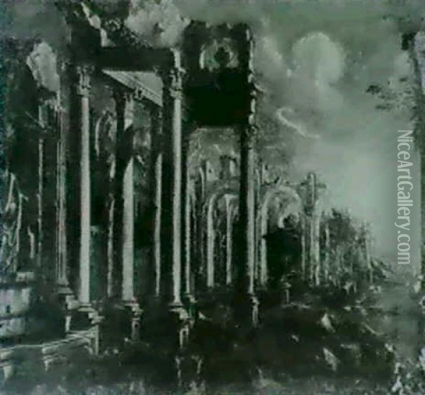 A Capriccio View Of Classical Ruins. Oil Painting - Leonardo Coccorante