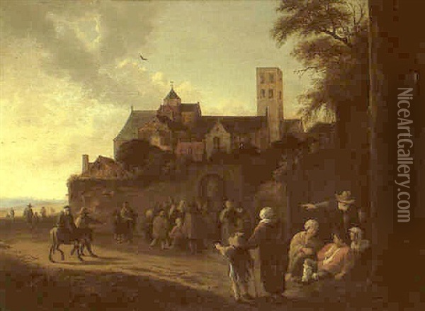 Pilgrims Outside The Walls Of The Mariakirk, Utrecht Oil Painting - Pieter de Bloot