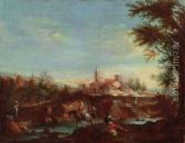 Paesaggio Collinare Con Antico Borgo E Contadini Oil Painting - Giuseppe Bernardino Bison