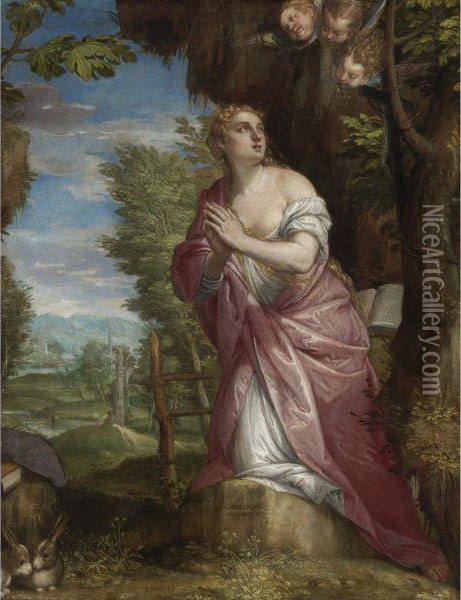 The Penitent Magdalene In A Landscape Oil Painting - Carletto Carliari