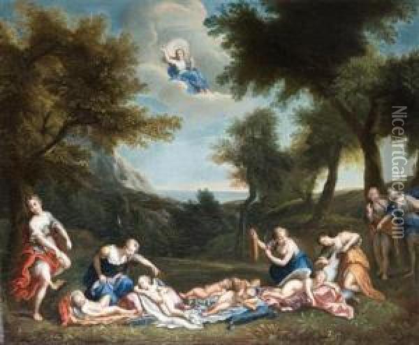 Amor Entwaffnet Von Den Nymphen Der Diana Oil Painting - Francesco Albani