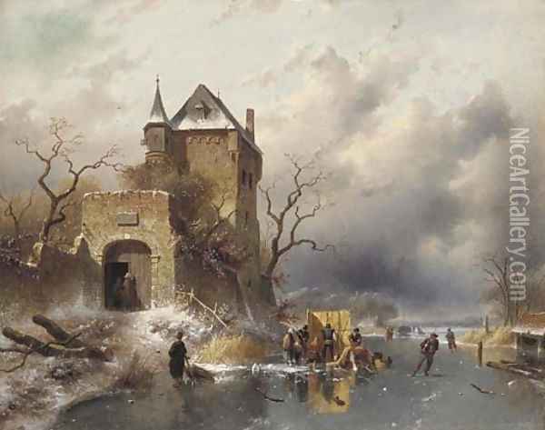 Skaters on a Frozen Lake by the Ruins of a Castle Oil Painting - Charles Henri Leickert