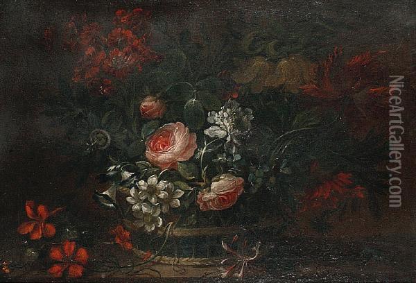 A Still Life Of Roses And Other Flowers In A Basket Oil Painting - Pieter III Casteels