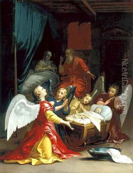 The Birth of the Virgin with adoring angels Oil Painting - Jacques Stella